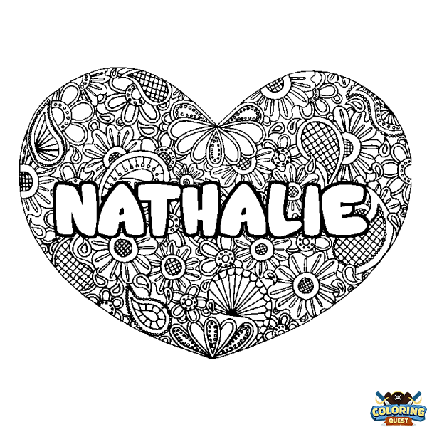 Coloring page first name NATHALIE - Heart mandala background