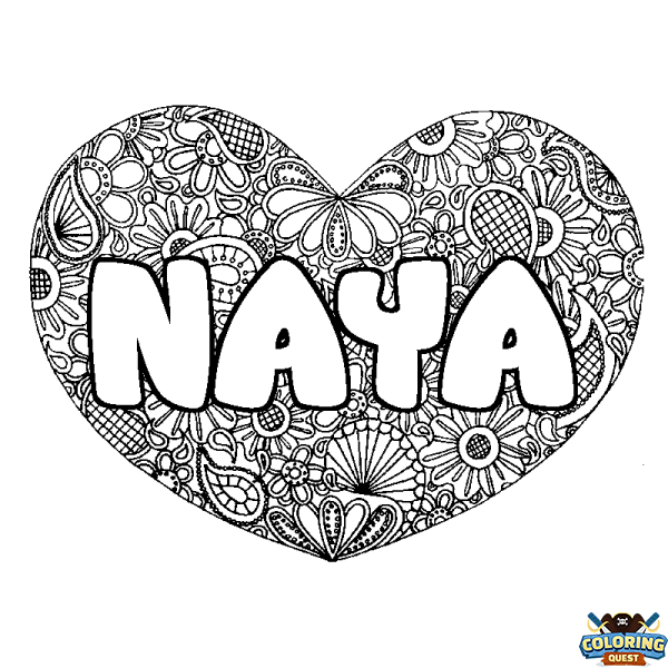 Coloring page first name NAYA - Heart mandala background