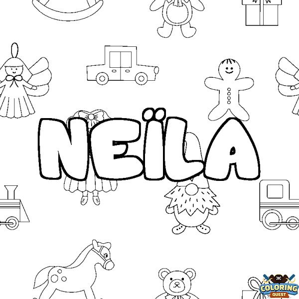 Coloring page first name NE&Iuml;LA - Toys background