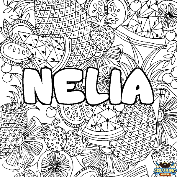 Coloring page first name NELIA - Fruits mandala background