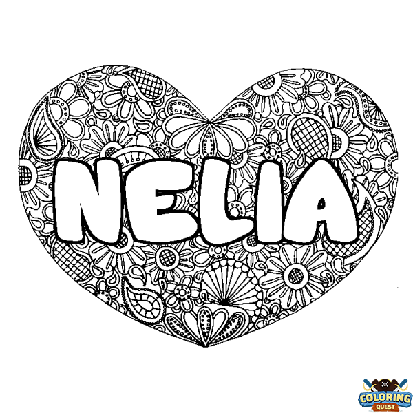 Coloring page first name NELIA - Heart mandala background