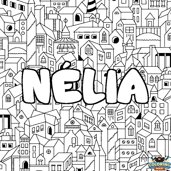Coloring page first name N&Eacute;LIA - City background
