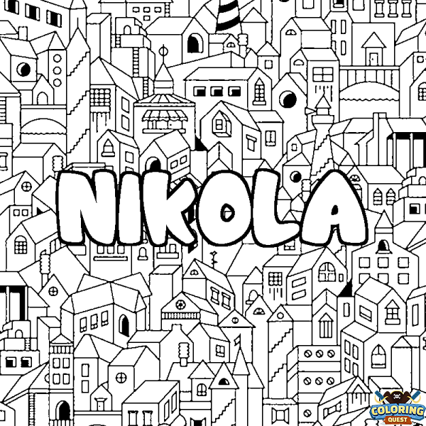 Coloring page first name NIKOLA - City background