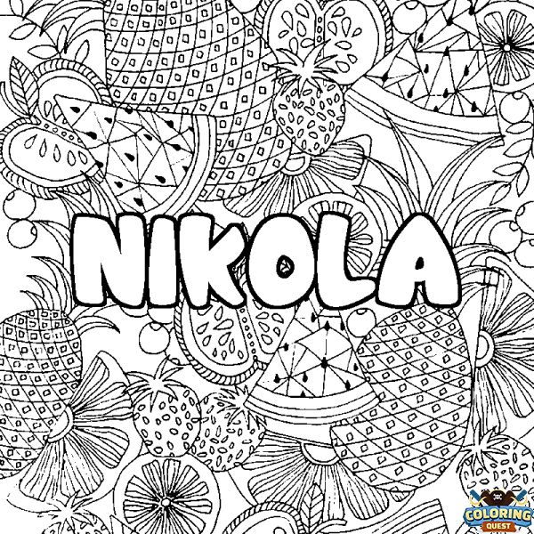 Coloring page first name NIKOLA - Fruits mandala background