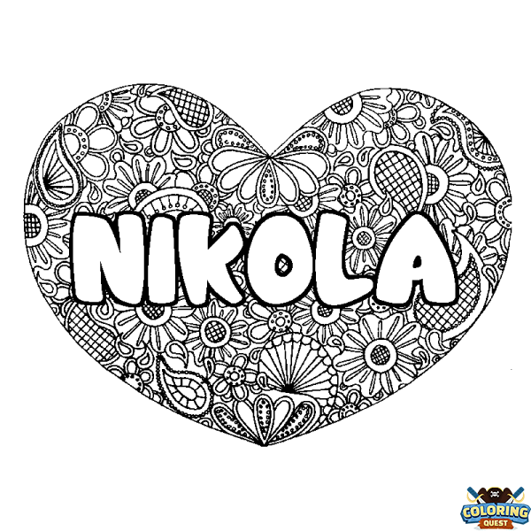 Coloring page first name NIKOLA - Heart mandala background