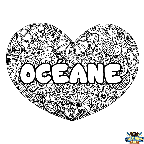 Coloring page first name OC&Eacute;ANE - Heart mandala background