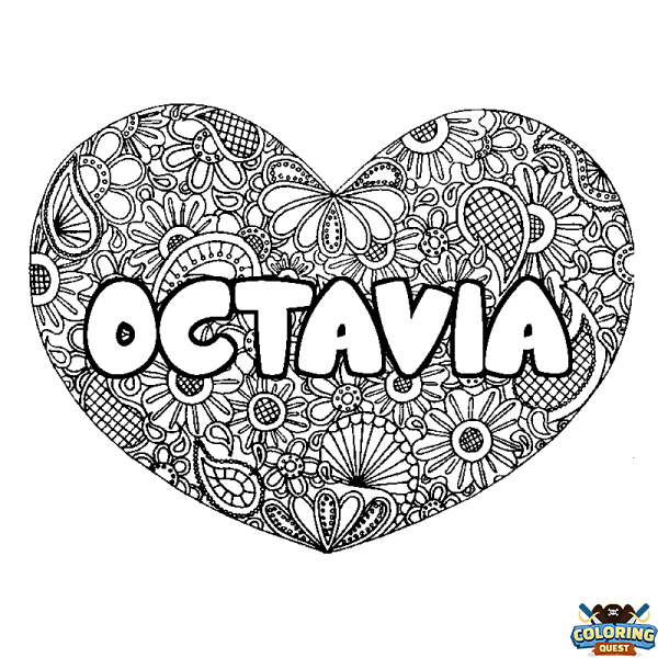 Coloring page first name OCTAVIA - Heart mandala background