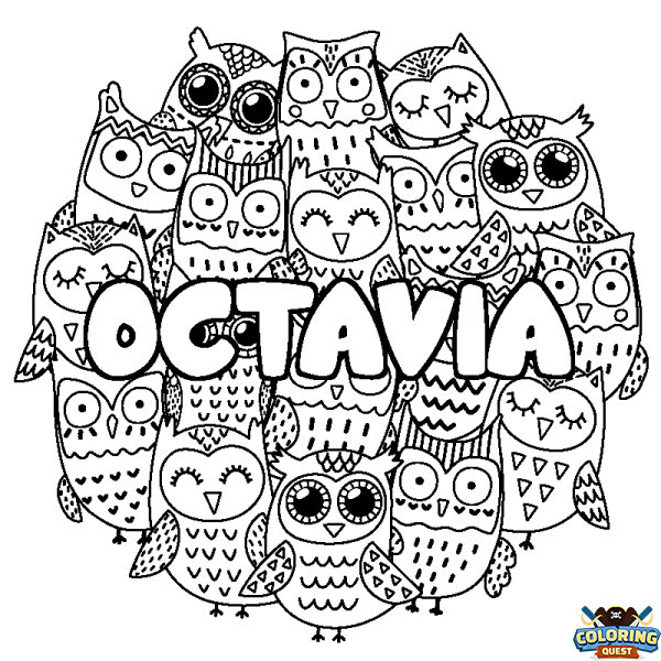 Coloring page first name OCTAVIA - Owls background