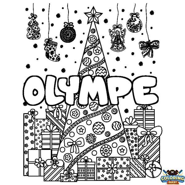 Coloring page first name OLYMPE - Christmas tree and presents background