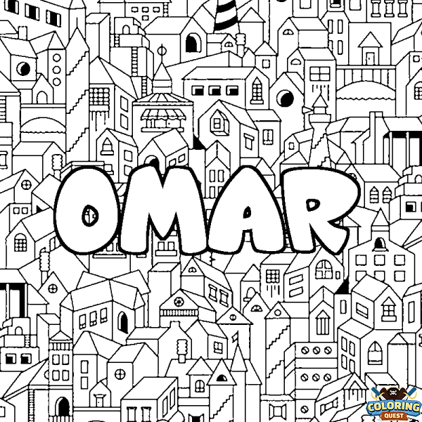 Coloring page first name OMAR - City background