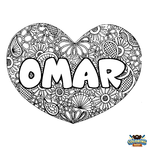 Coloring page first name OMAR - Heart mandala background