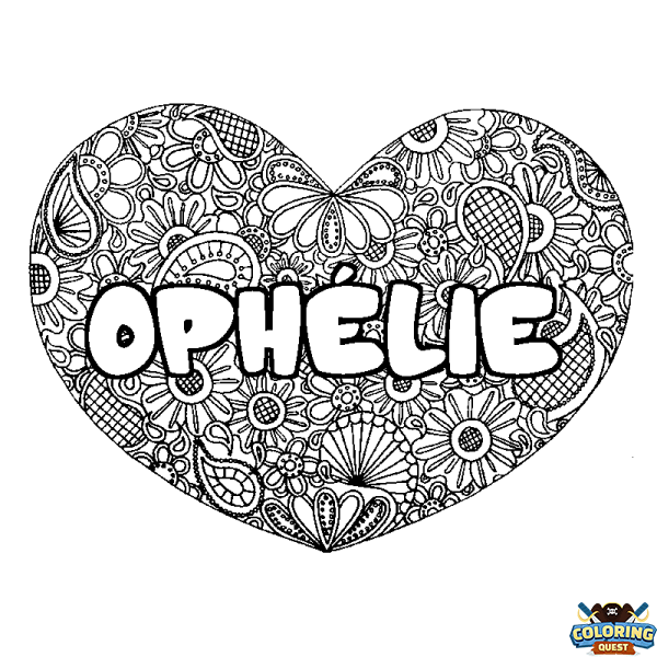 Coloring page first name OPH&Eacute;LIE - Heart mandala background