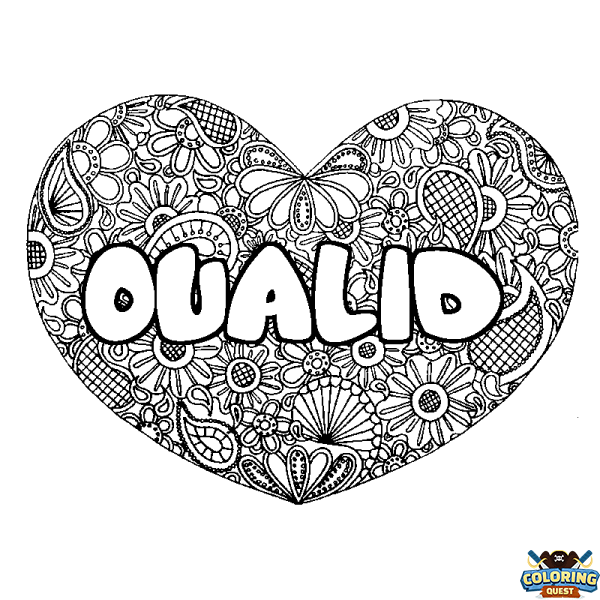 Coloring page first name OUALID - Heart mandala background