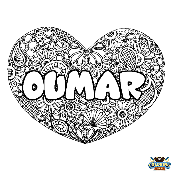 Coloring page first name OUMAR - Heart mandala background