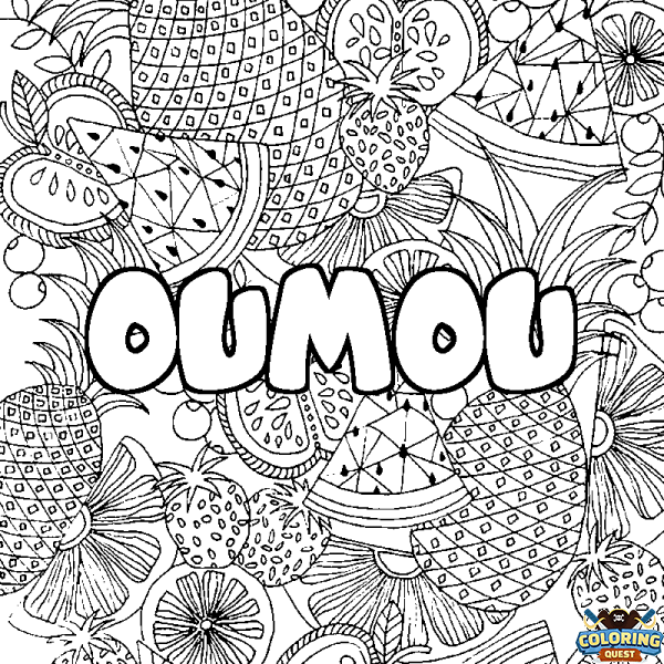 Coloring page first name OUMOU - Fruits mandala background