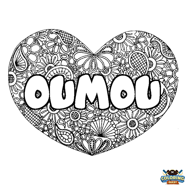 Coloring page first name OUMOU - Heart mandala background