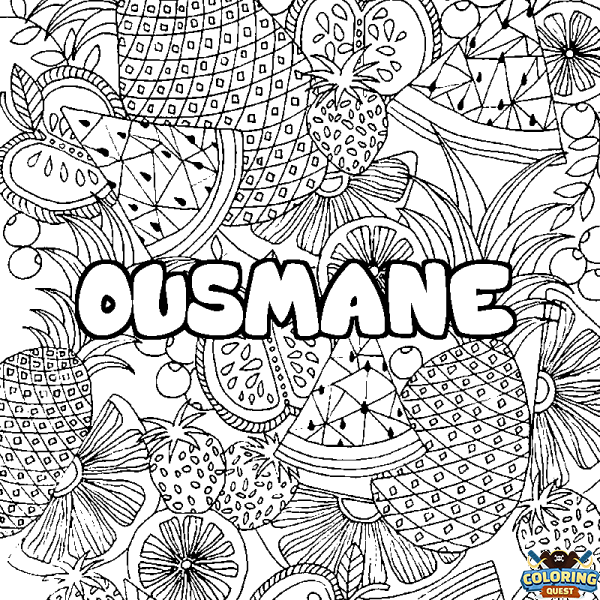 Coloring page first name OUSMANE - Fruits mandala background