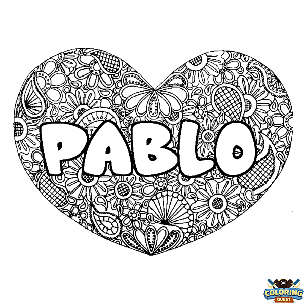 Coloring page first name PABLO - Heart mandala background