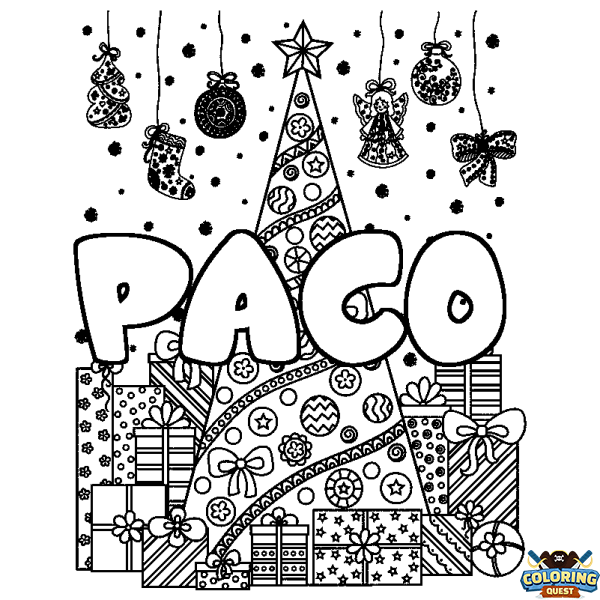 Coloring page first name PACO - Christmas tree and presents background