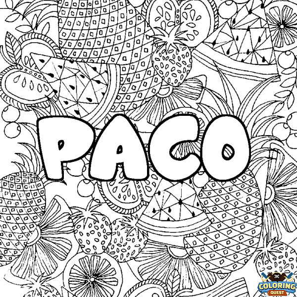 Coloring page first name PACO - Fruits mandala background