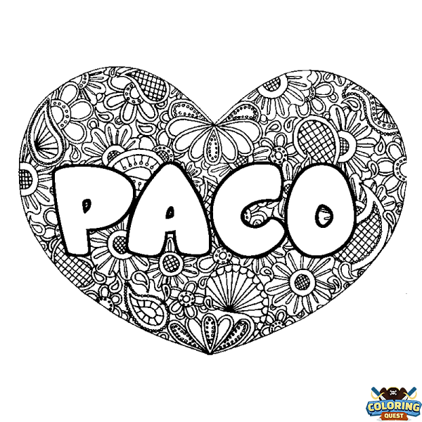 Coloring page first name PACO - Heart mandala background