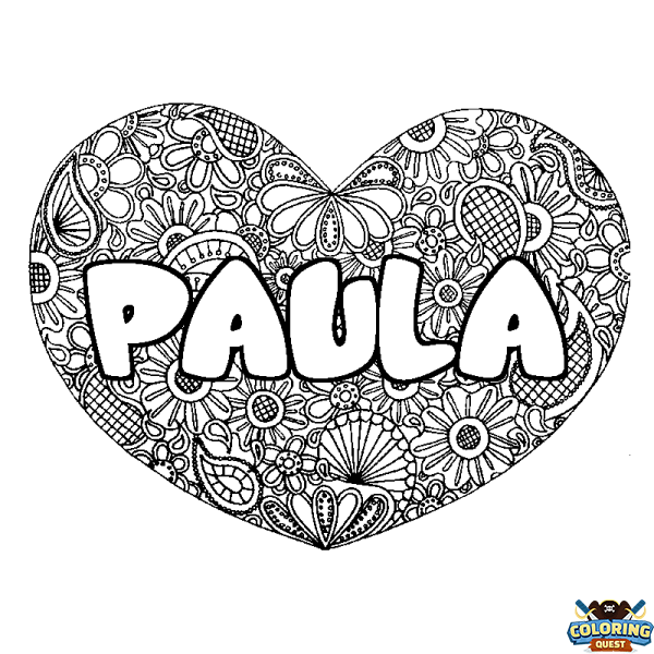 Coloring page first name PAULA - Heart mandala background