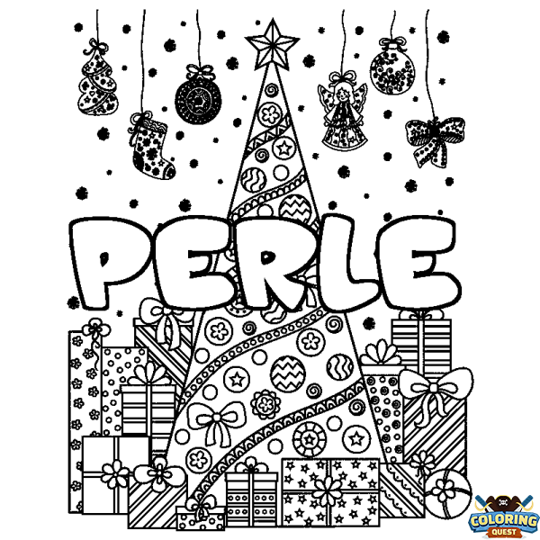 Coloring page first name PERLE - Christmas tree and presents background