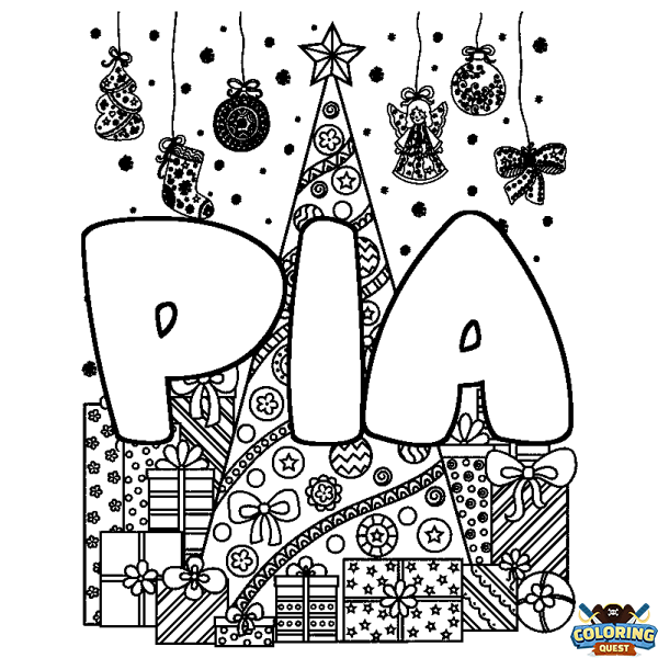 Coloring page first name PIA - Christmas tree and presents background