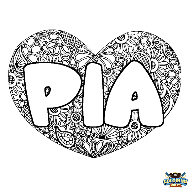 Coloring page first name PIA - Heart mandala background