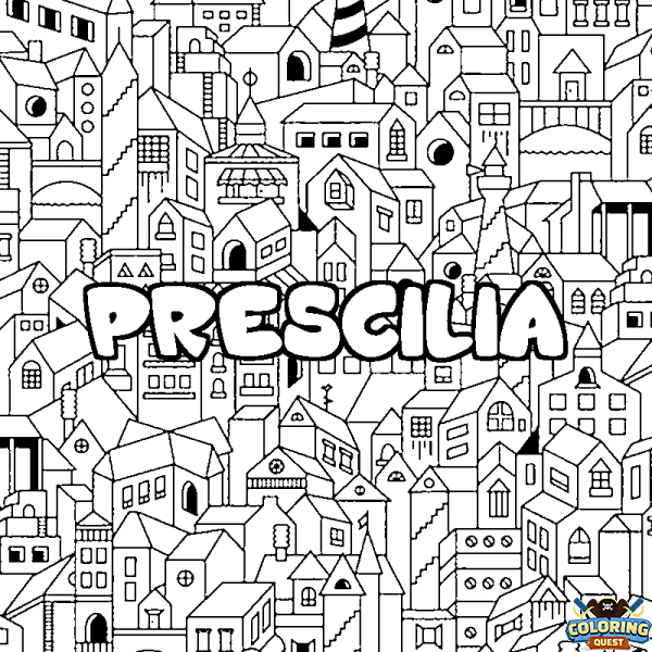 Coloring page first name PRESCILIA - City background