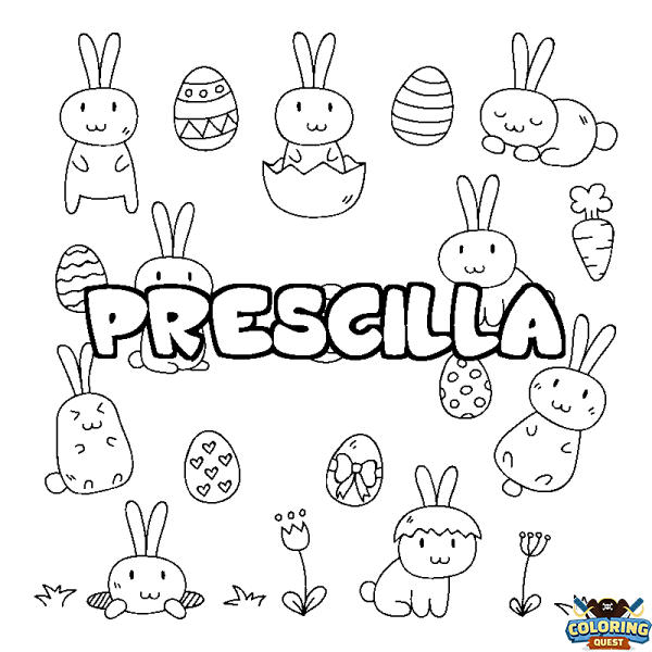 Coloring page first name PRESCILLA - Easter background