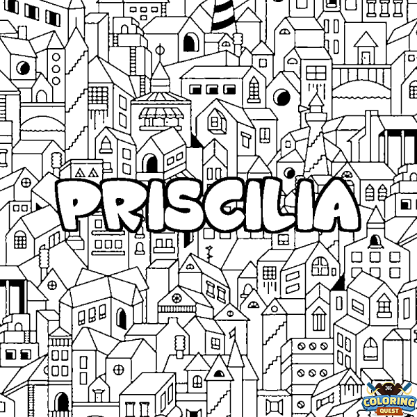 Coloring page first name PRISCILIA - City background