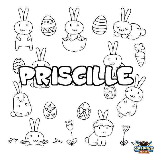 Coloring page first name PRISCILLE - Easter background