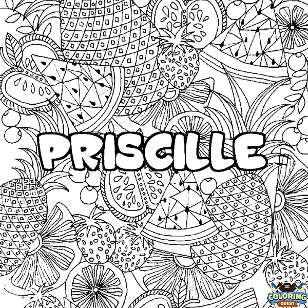 Coloring page first name PRISCILLE - Fruits mandala background