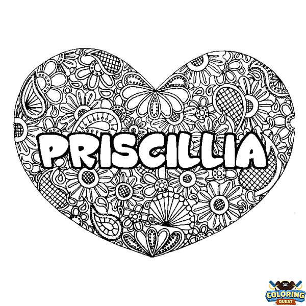 Coloring page first name PRISCILLIA - Heart mandala background