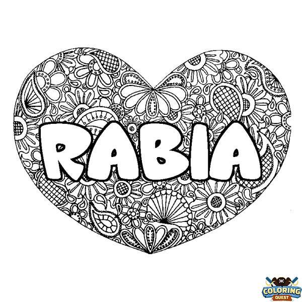 Coloring page first name RABIA - Heart mandala background