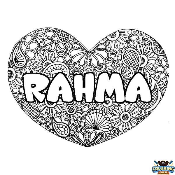Coloring page first name RAHMA - Heart mandala background