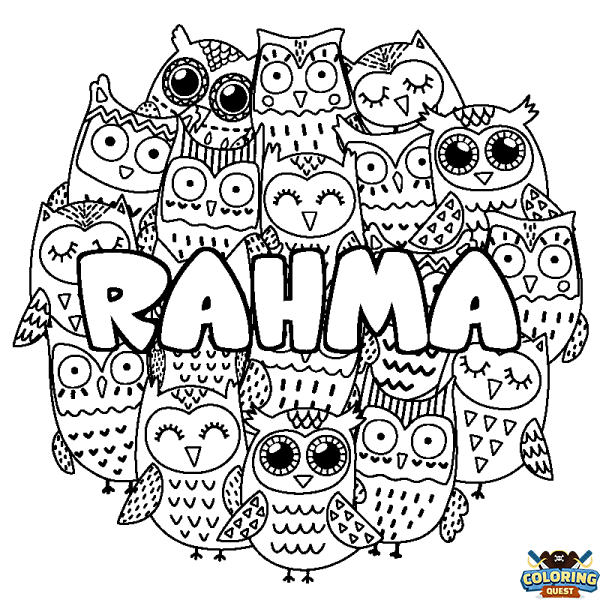Coloring page first name RAHMA - Owls background