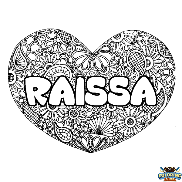 Coloring page first name RAISSA - Heart mandala background