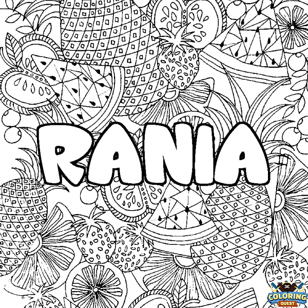 Coloring page first name RANIA - Fruits mandala background