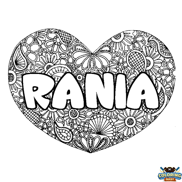Coloring page first name RANIA - Heart mandala background