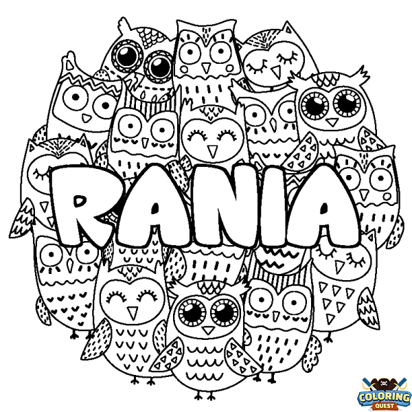 Coloring page first name RANIA - Owls background