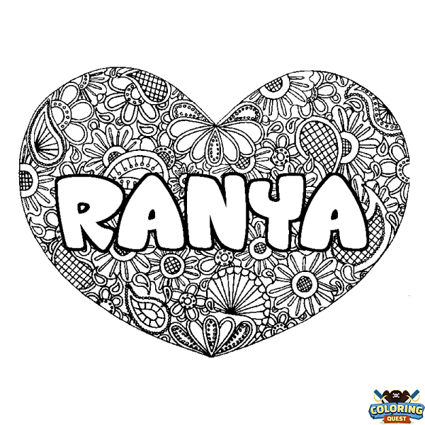 Coloring page first name RANYA - Heart mandala background