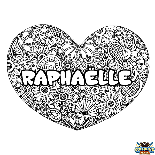 Coloring page first name RAPHA&Euml;LLE - Heart mandala background