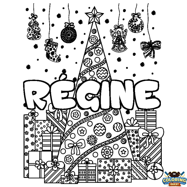 Coloring page first name R&Eacute;GINE - Christmas tree and presents background