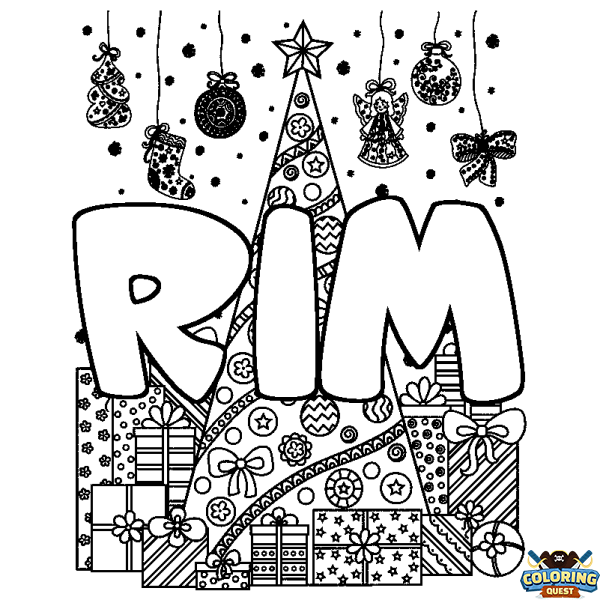 Coloring page first name RIM - Christmas tree and presents background