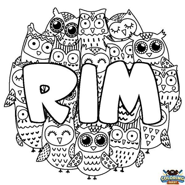 Coloring page first name RIM - Owls background