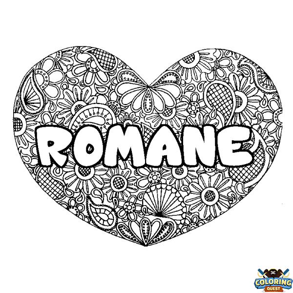 Coloring page first name ROMANE - Heart mandala background