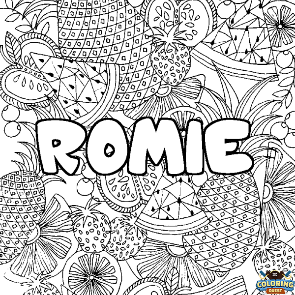 Coloring page first name ROMIE - Fruits mandala background
