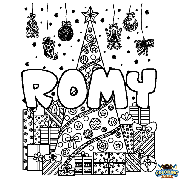 Coloring page first name ROMY - Christmas tree and presents background